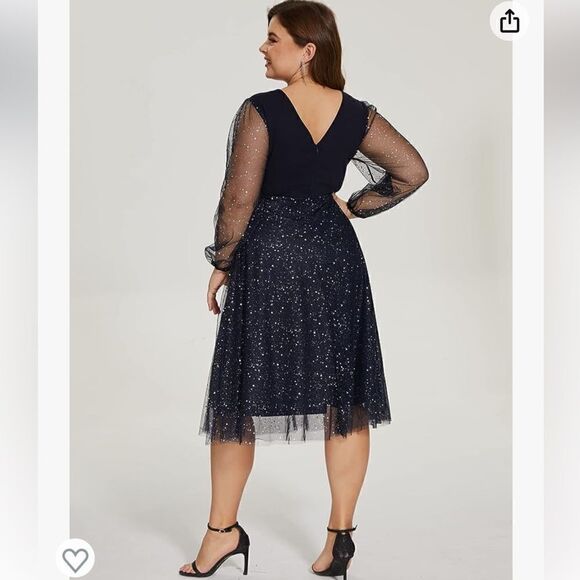 Plus Size Mesh Cocktail Party Dress V Neck Long Sleeve Sheer Formal Midi Dress - Picture 3 of 14